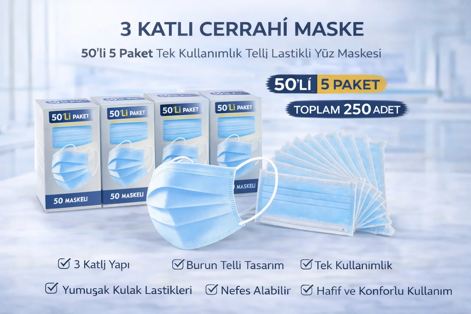 Northcity 3 Katlı Cerrahi Maske 250 Adet Toplu Tek Kullanımlık La