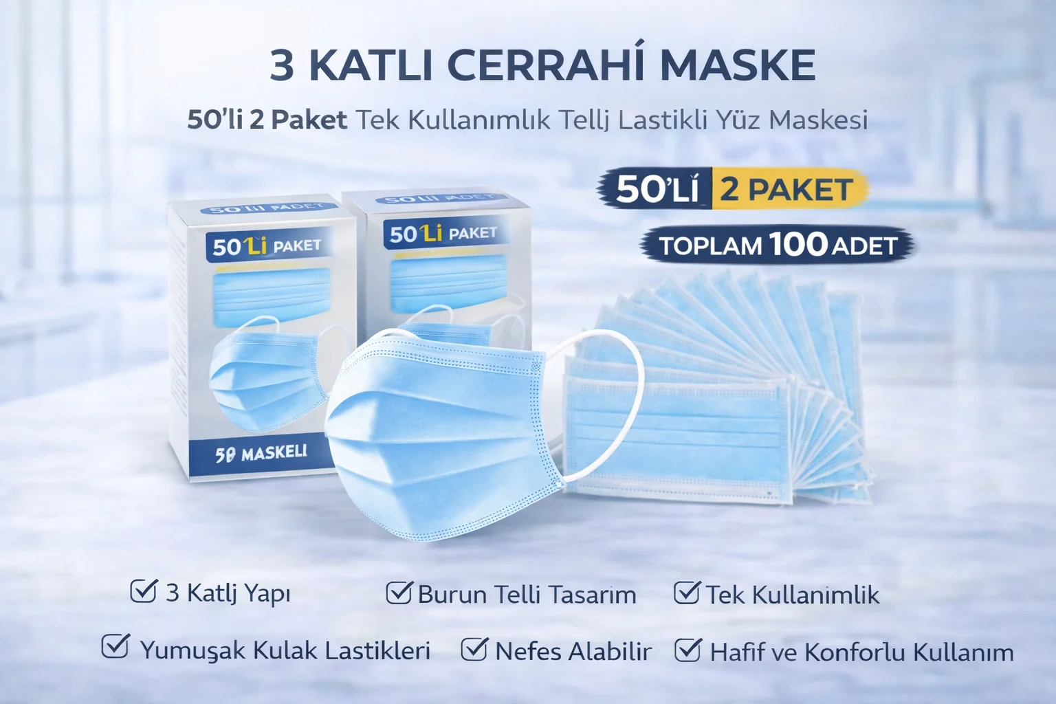 Northcity 3 Katlı Cerrahi Maske 100 Adet Toplu Paket - Tek Kullan