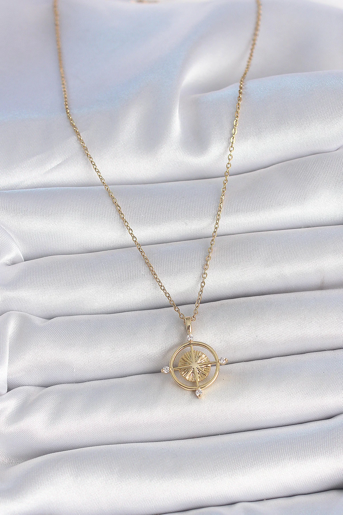 316L Çelik Gold Pusula Kolye - Zirkon Taşlı, Paslanmaz Kadın Kolyesi 5886