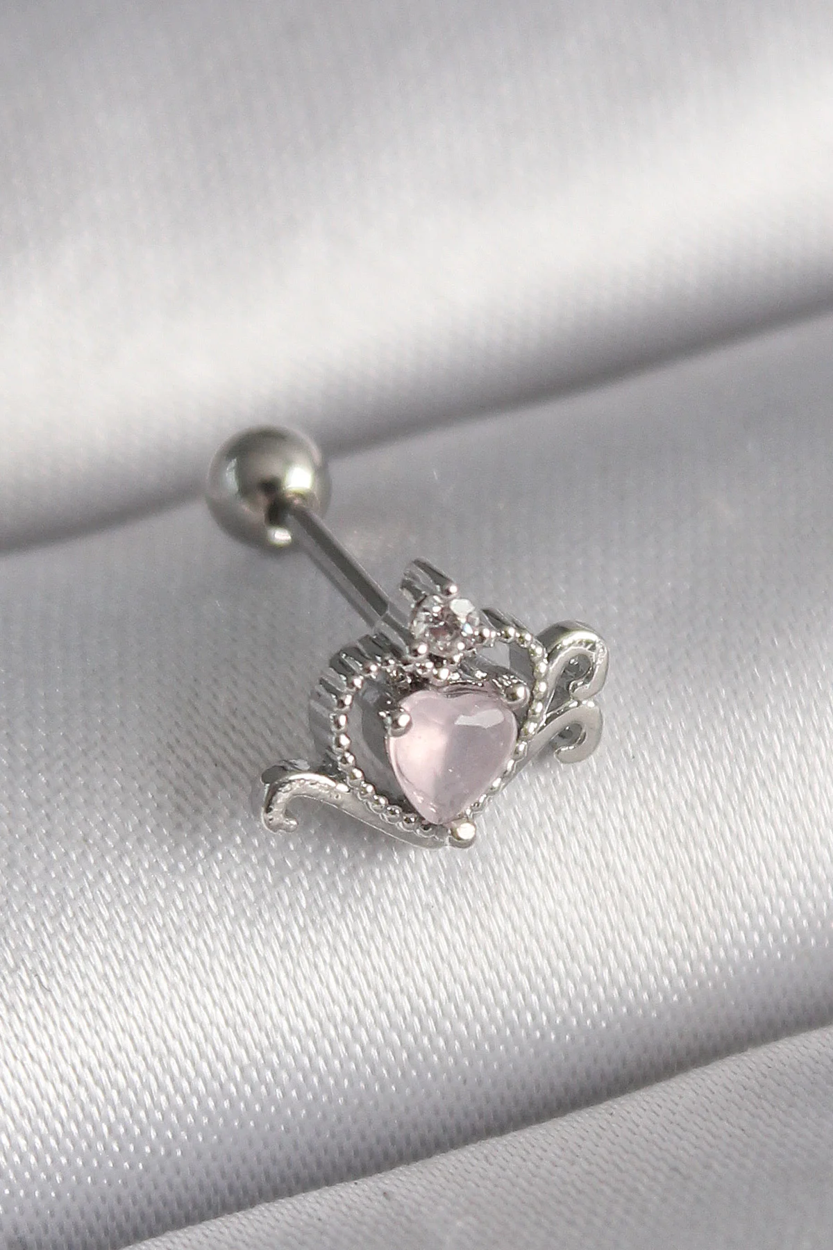 316L Çelik Gümüş Renk Pembe Mineli Kalp Zirkon Taş Detaylı Tragus Piercing 5886