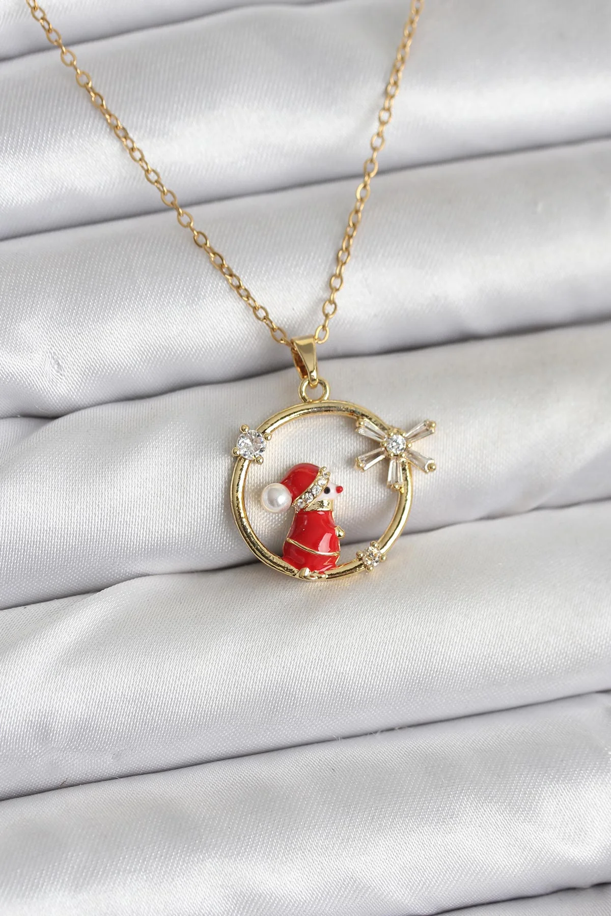 316L Çelik Zincir Gold Zirkon Taşlı Yılbaşı Tema Kadın Kolye 5886