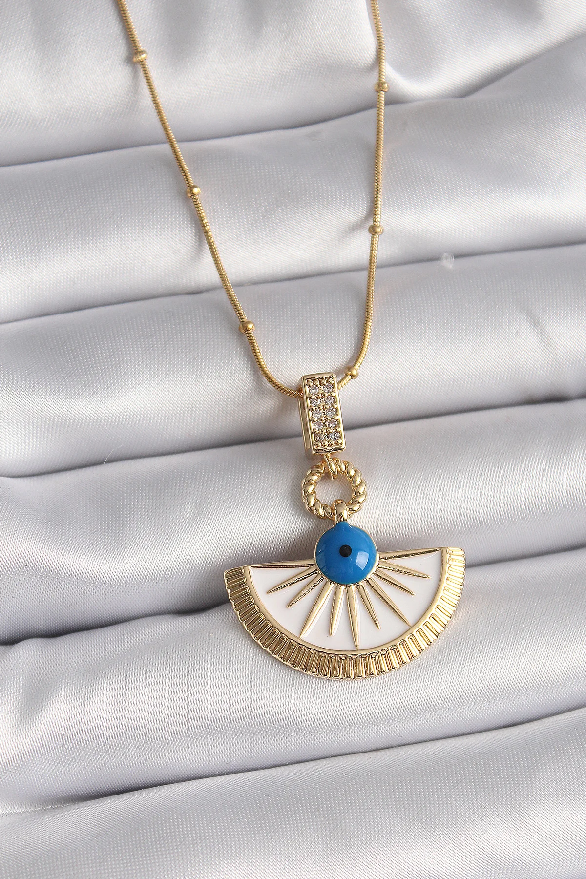 316L Çelik Gold Renk Zincir Zirkon Nazar Boncuk Kolye - 45cm - Paslanmaz ve Şık