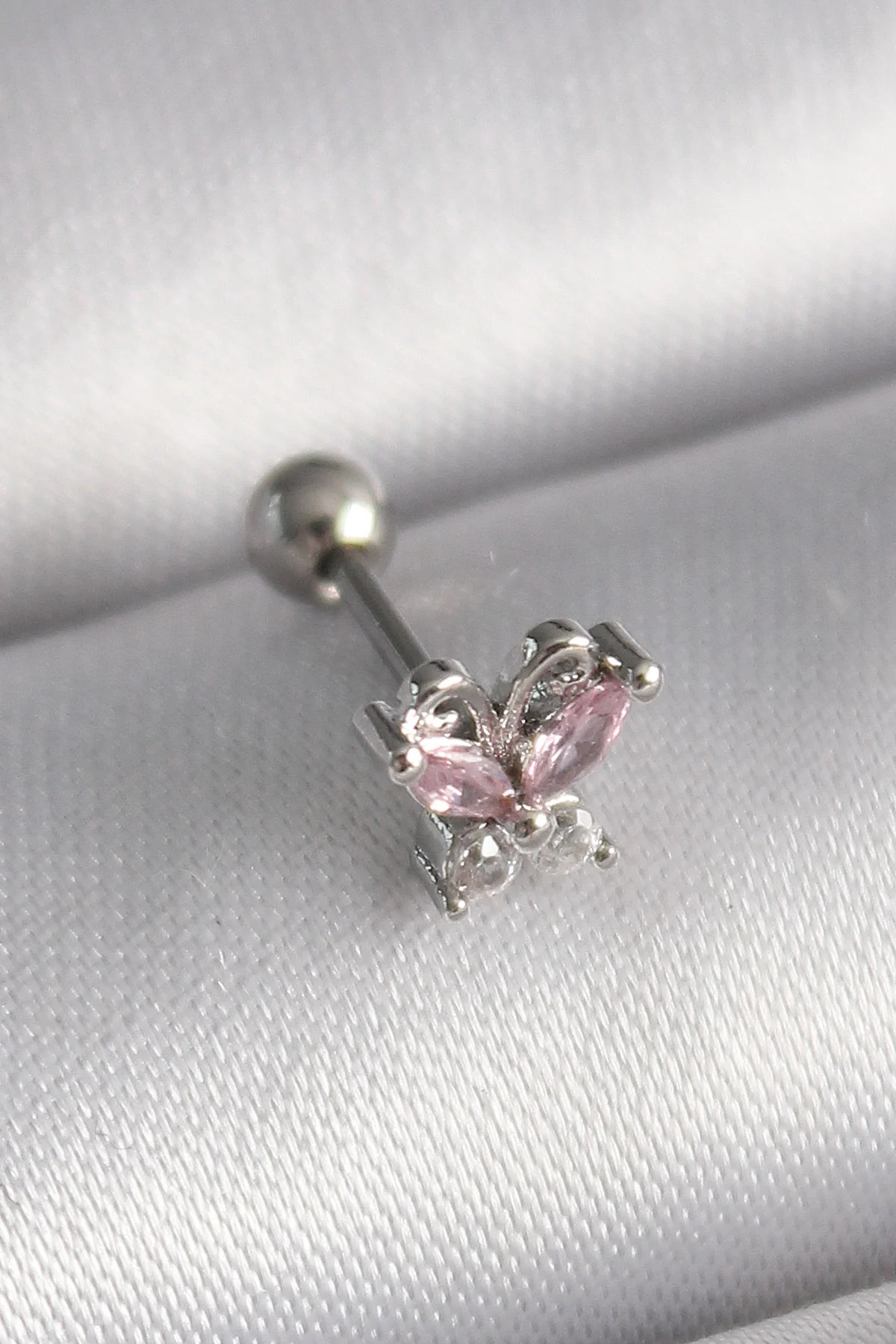 316L Çelik Gümüş Renk Pembe Zirkon Taşlı Kelebek Tragus Piercing 5886 - Estetik ve Sağlık Bir Arada