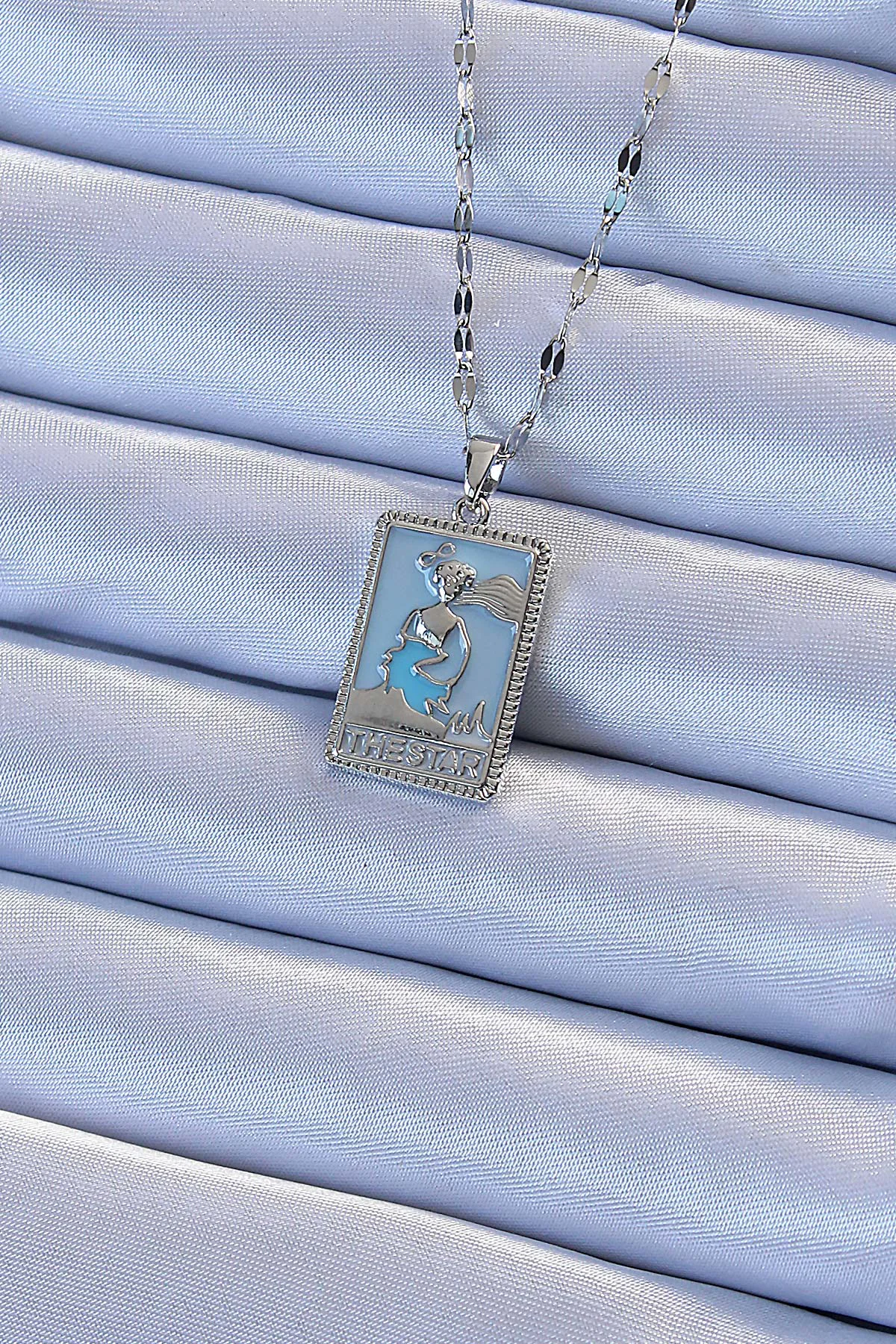 316L Çelik Tarot Kolye Gümüş Renk Mavi Mineli - 45 cm Zincir