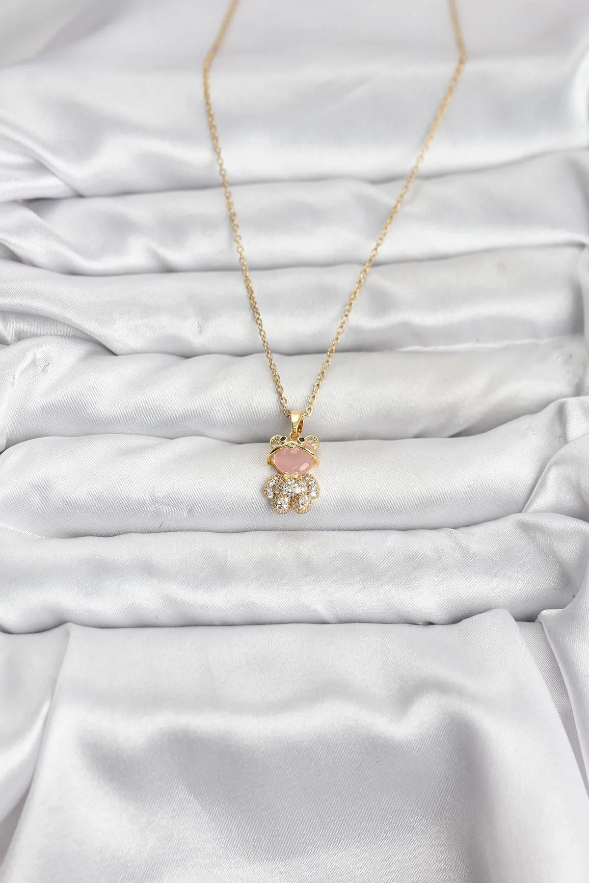 316L Çelik Gold Renk Teddy Bear Model Zirkon Taşlı Kadın Kolye - Paslanmaz ve Şık