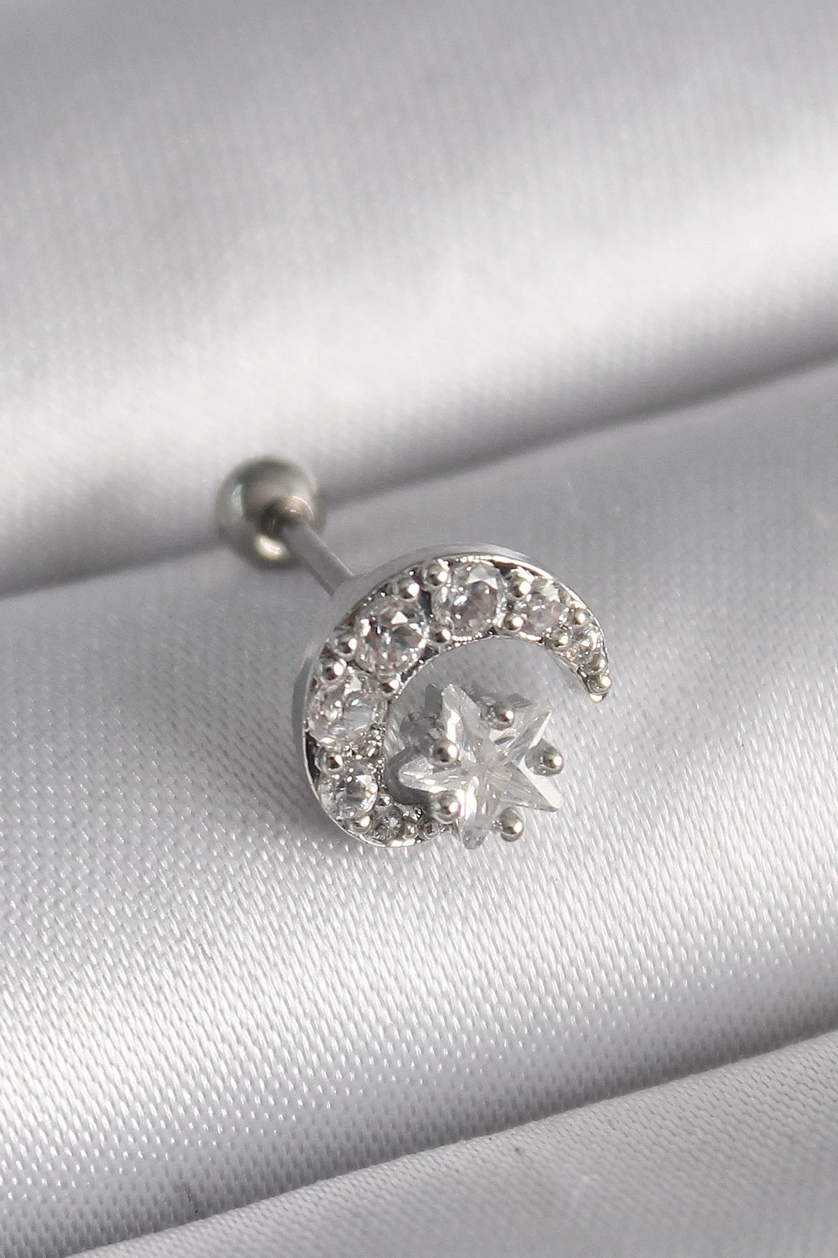 316L Çelik Gümüş Renk Zirkon Taşlı Ay Yıldız Tragus Piercing 5886