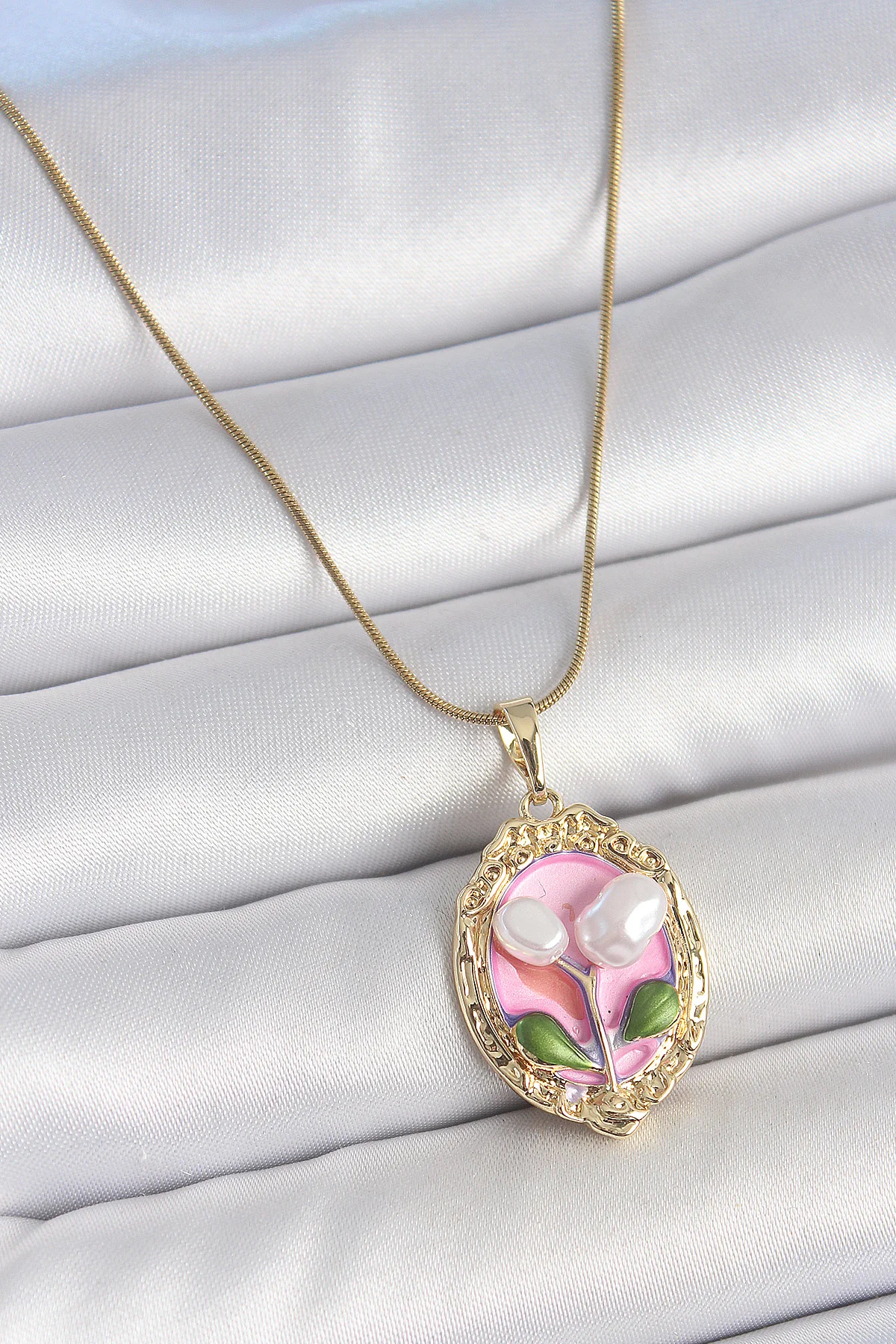 Northcity 316L Çelik Gold Renk Zincir Pembe Mineli İncili Çiçek İ