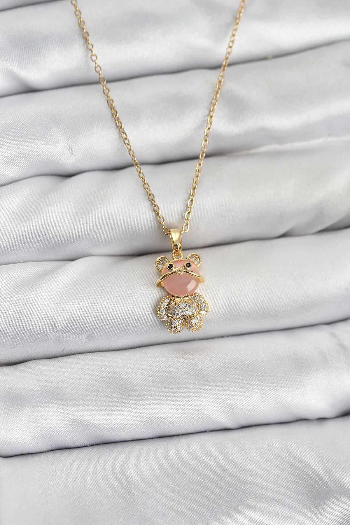 316L Çelik Gold Renk Teddy Bear Model Zirkon Taşlı Kadın Kolye - Paslanmaz ve Şık
