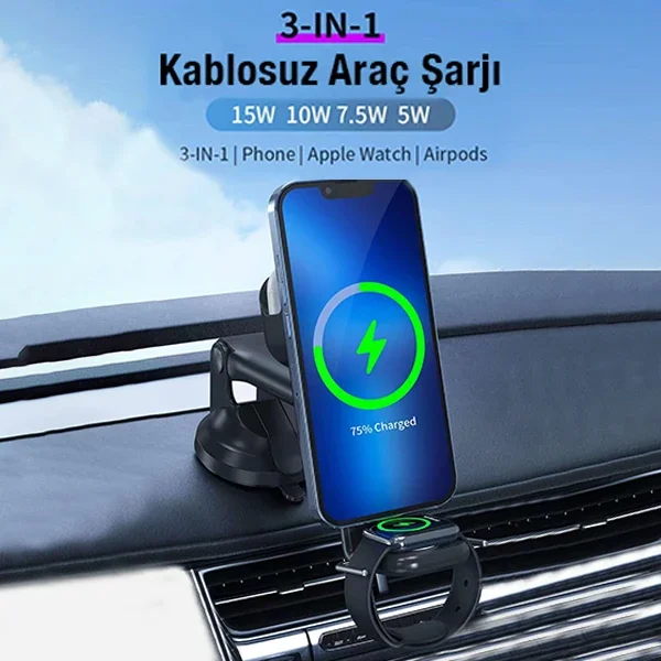 3in1 Kablosuz Şarjlı Torpido ve Havalandırma Telefon Tutucu - 15W Hızlı Şarj, 4.5-7.5 inç Uyumlu