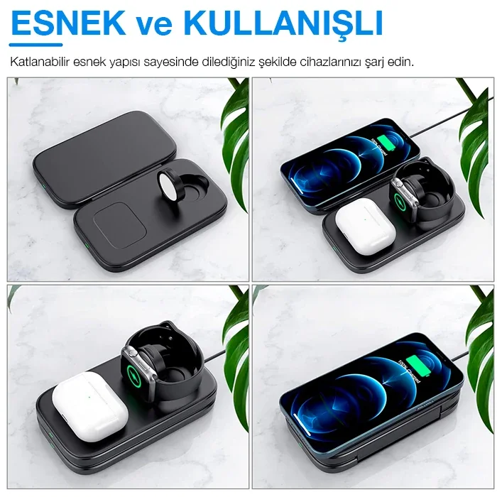 3’lü Kablosuz Şarj İstasyonu 15W - iPhone/Android Uyumlu Katlanabilir Mini Stand