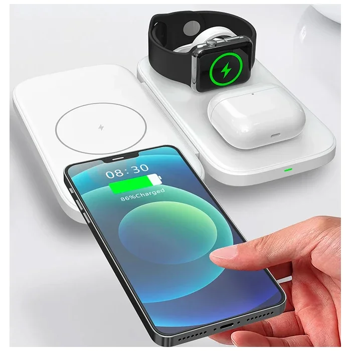 3’lü Kablosuz Şarj İstasyonu 15W - iPhone/Android Uyumlu Katlanabilir Mini Stand