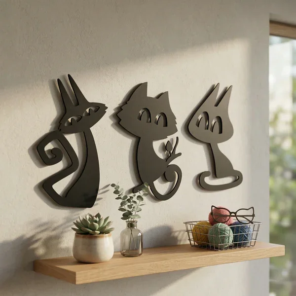 Northcity 3’lü Kedi Duvar Tablosu – MDF Lazer Kesim Modern Duvar 