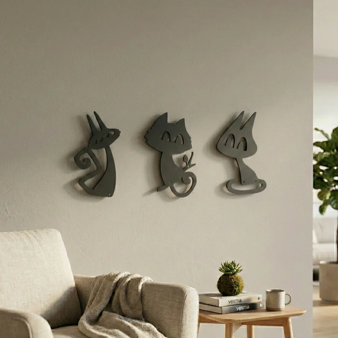 Northcity 3’lü Kedi Duvar Tablosu – MDF Lazer Kesim Modern Duvar 