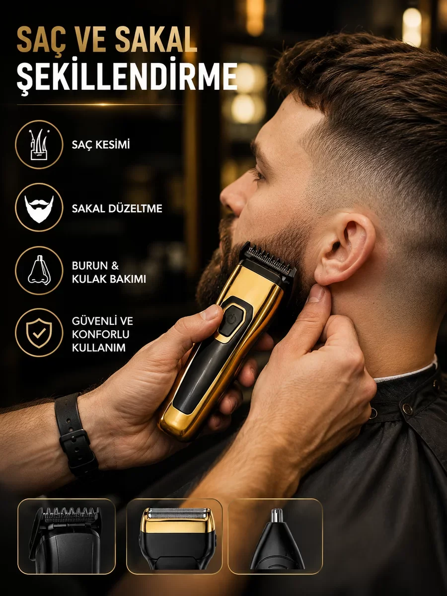 3'ü 1 Arada Şarjlı Kişisel Bakım ve Tıraş Makinesi - Sakal, Saç, Burun ve Kulak Bakımı Seti