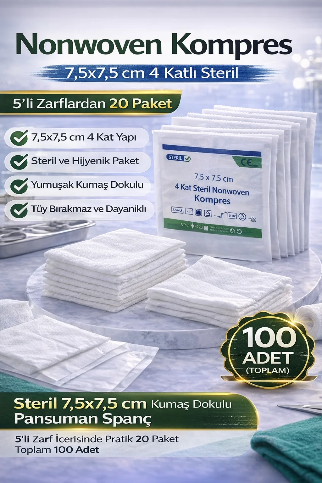 Northcity 4 Katlı Steril Nonwoven Kompres 7,5x7,5 cm Gazlı Bezi -