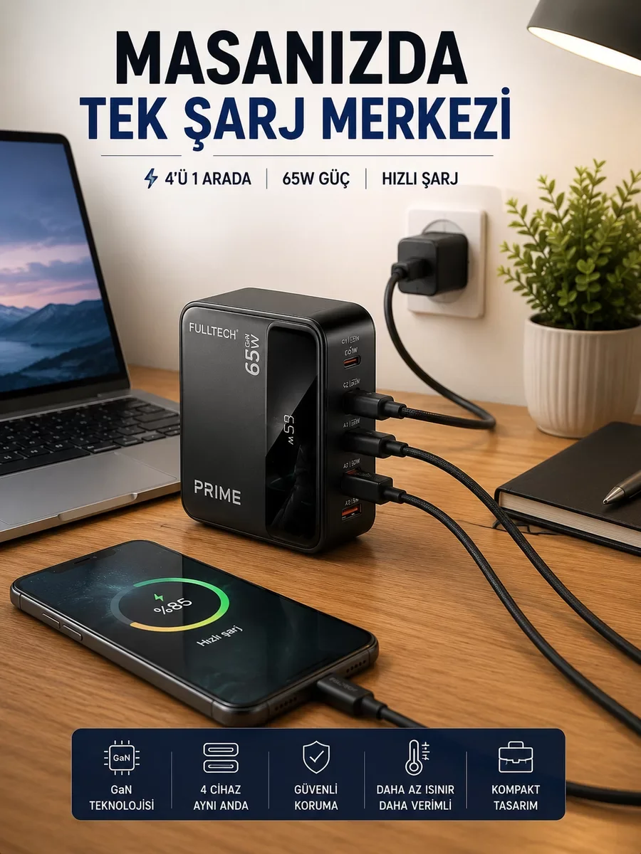 4 Portlu GaN Masaüstü Şarj İstasyonu - Hızlı Şarj ve 4 Cihaz Desteği
