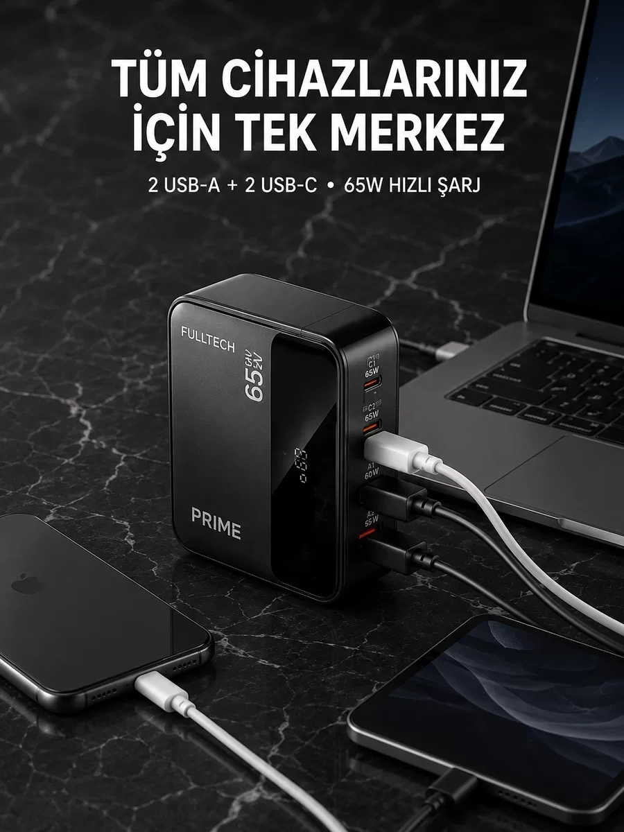 4 Portlu GaN Masaüstü Hızlı Şarj İstasyonu - Akıllı Güç Yönetimi ile Tek Tıkta Şarj