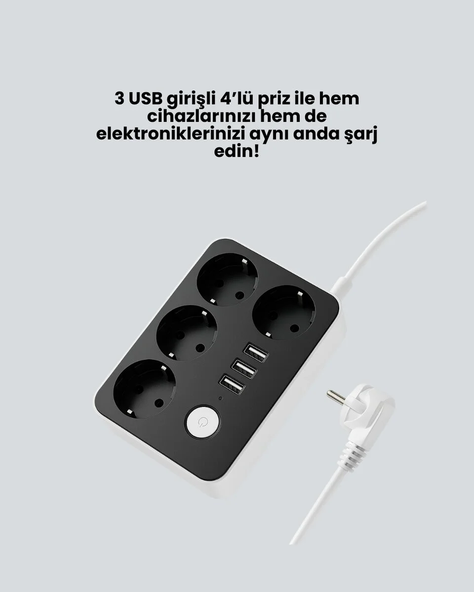 4 Prizli 3 USB Portlu Akıllı Priz - Hızlı Şarj ve Güvenlik