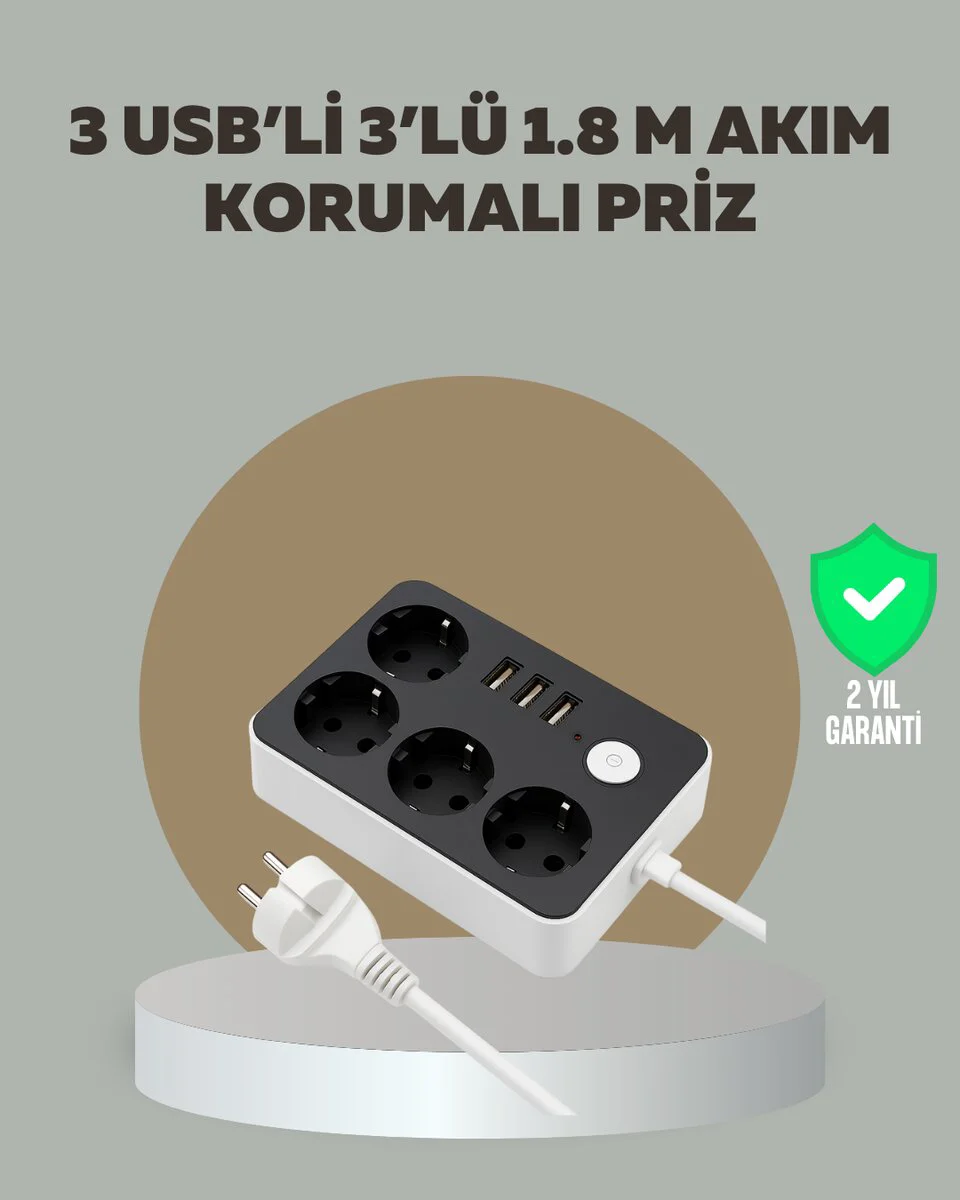 4 Prizli 3 USB Portlu Akıllı Priz - Hızlı Şarj ve Güvenlik