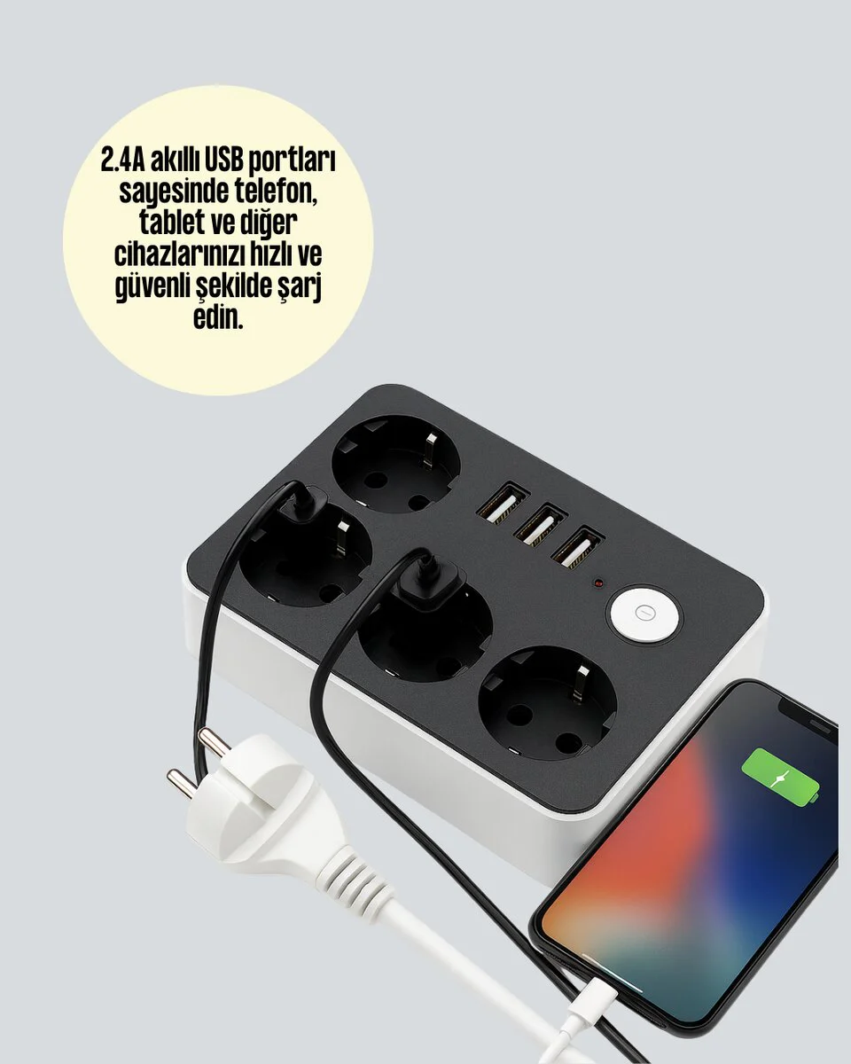 4 Prizli 3 USB Portlu Akıllı Priz - Hızlı Şarj ve Güvenlik