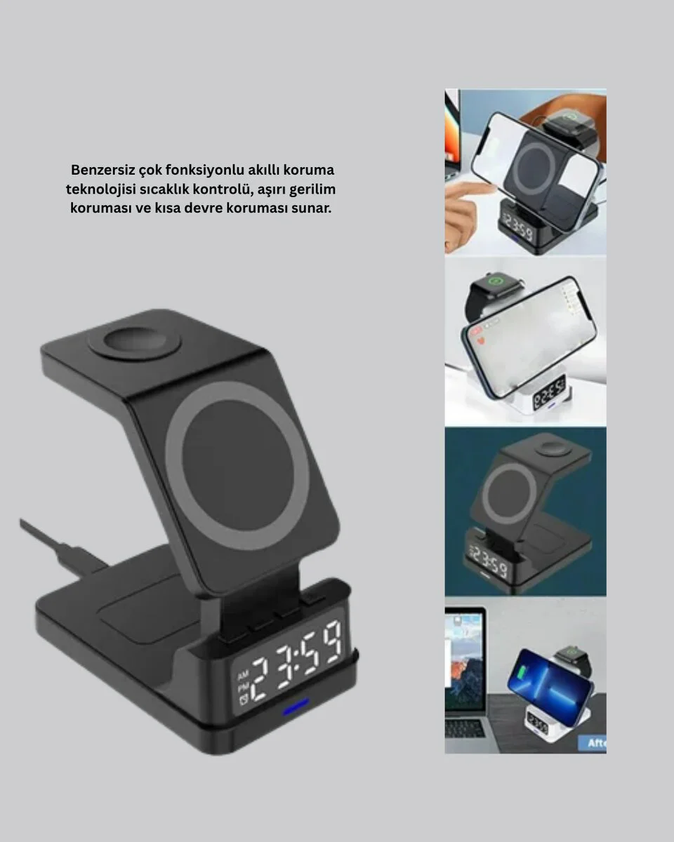 4’ü 1 Arada Kablosuz Şarj İstasyonu – LED Saatli Apple Güvenlik Koruması