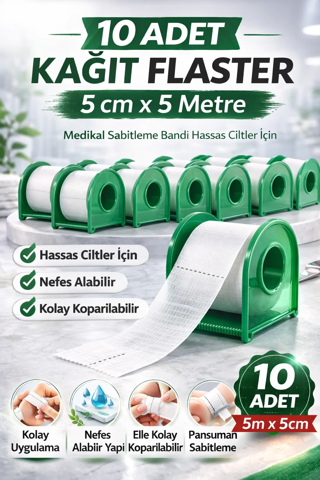 Northcity 5 cm x 5 m Kağıt Flaster - 10 Adet Medikal Sabitleme Ba