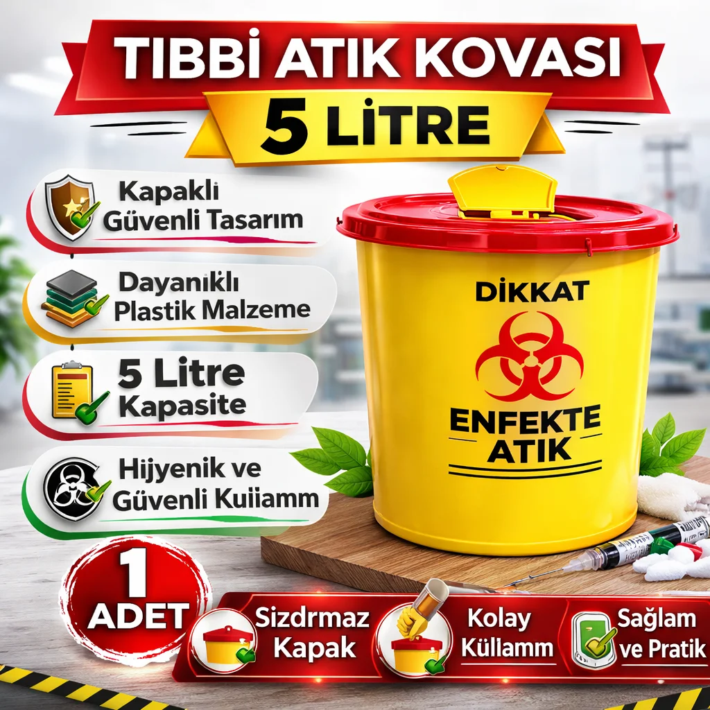 5 Litre Kapaklı Tıbbi Atık Kovası - Enfekte Atık Kutusu ve Medikal Atık Çöp Kovası