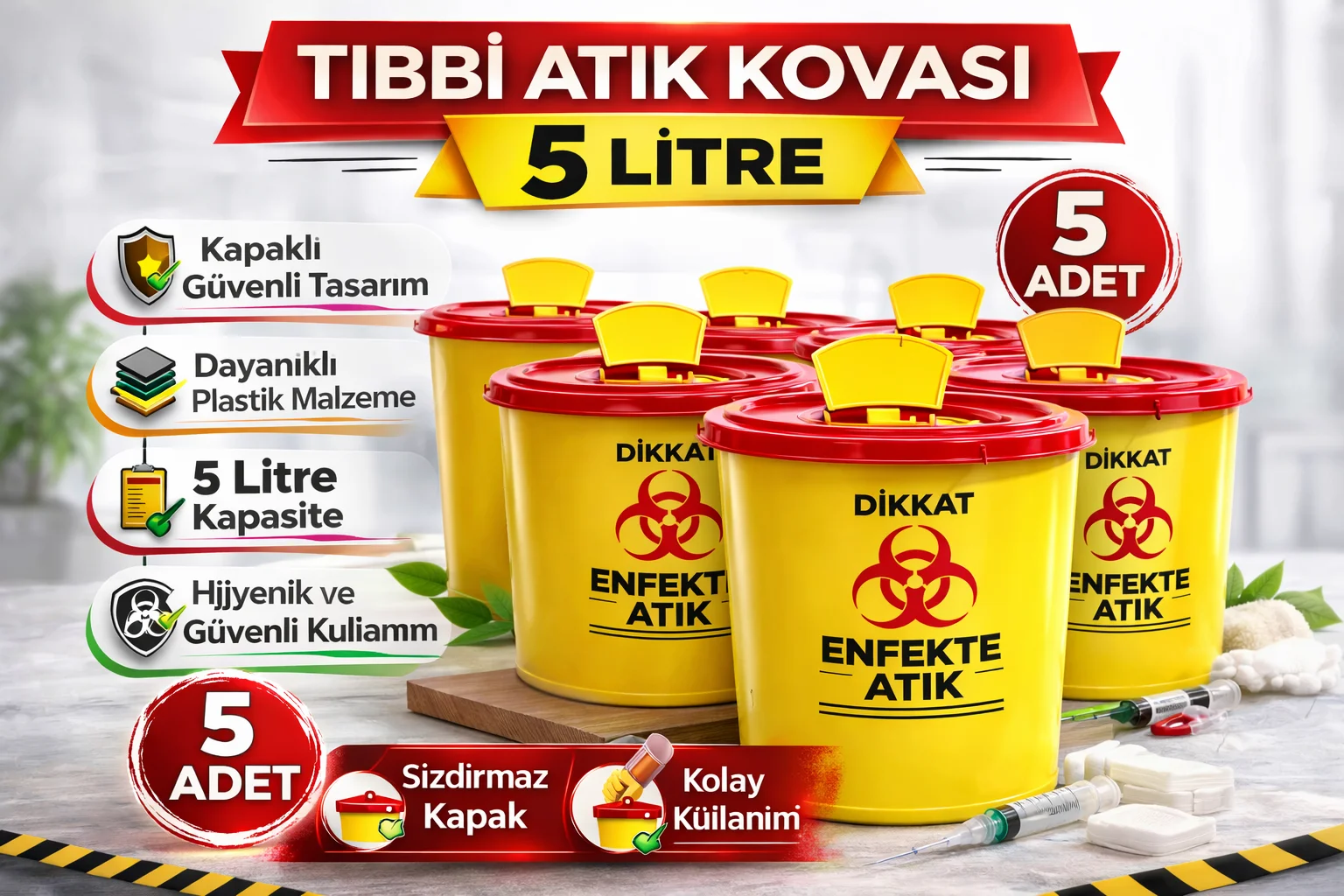 5 Litre Tıbbi Atık Kovası 5 Adet Enfekte Atık Kutusu Seti - Northcity