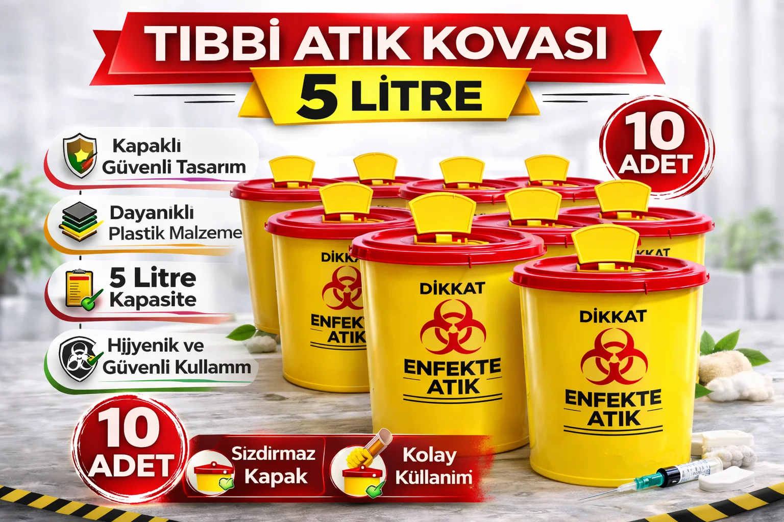 5 Litre Tıbbi Atık Kovası 10 Adet Kapaklı Enfekte Atık Kutusu Seti