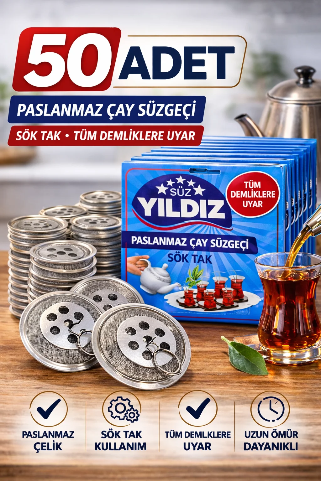 Northcity 50 Adet Paslanmaz Çelik Çaydanlık Süzgeci Sök Tak - Tüm
