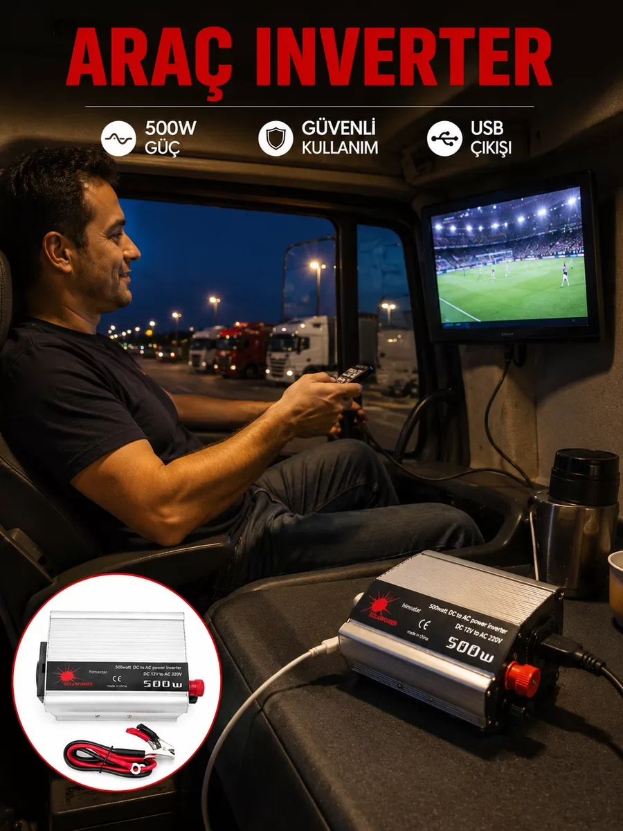 500W Araç İnvertörü - Mobil Elektrik Kaynağı ve Dijital Cihaz Şarj Cihazı