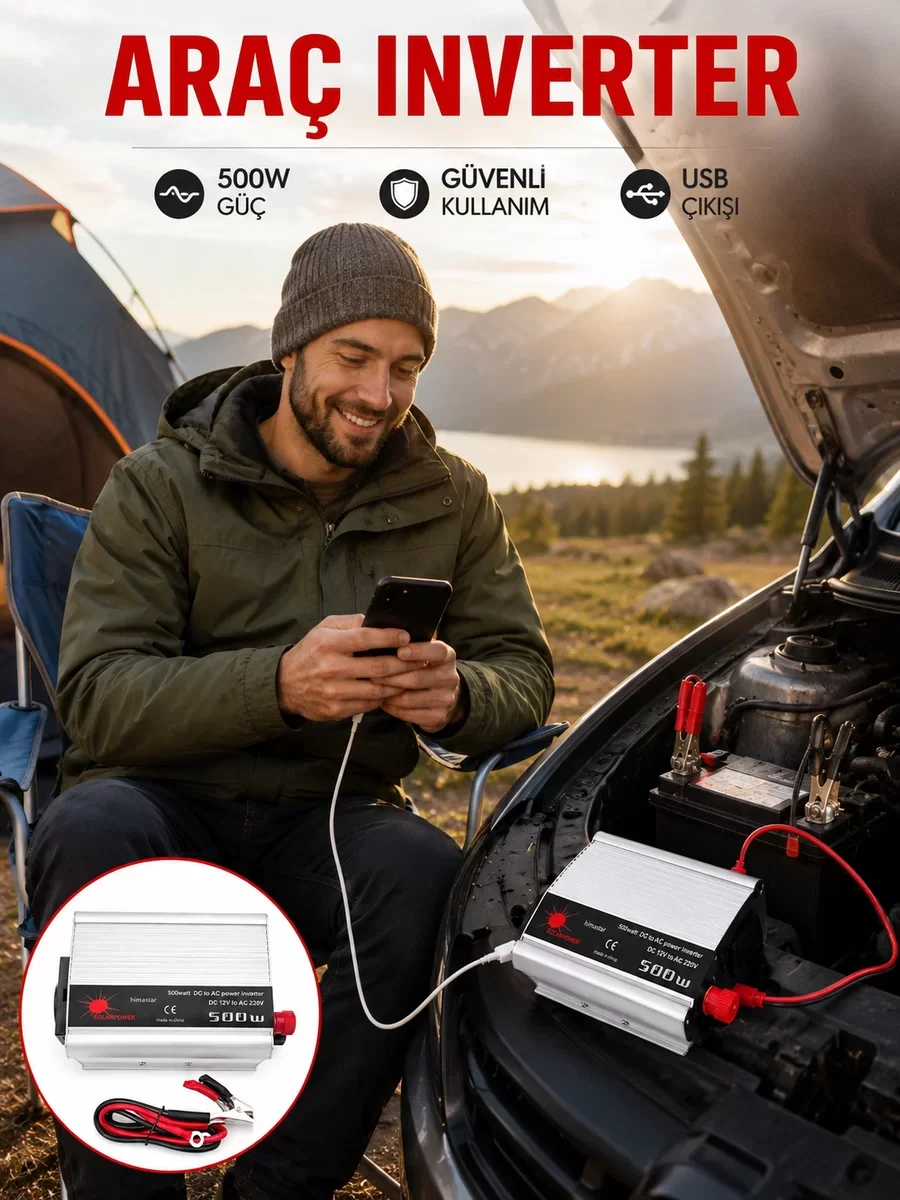 500W Priz İnvertör - 12V'den 220V'ye Araç İçi Elektrik Dönüştürücü