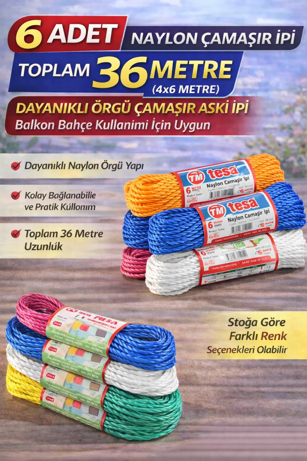 Northcity 6 Adet Naylon Örgü Çamaşır İpi - 6 Metre (Toplam 36 Met