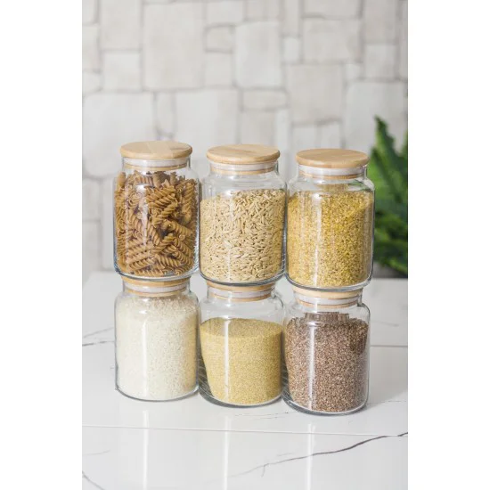 6 Lı Set Bambu Kapaklı Cam Kavanoz & Erzak Saklama Kabı 800ml - Vakumlu Bakliyat & Yiyecek Saklama