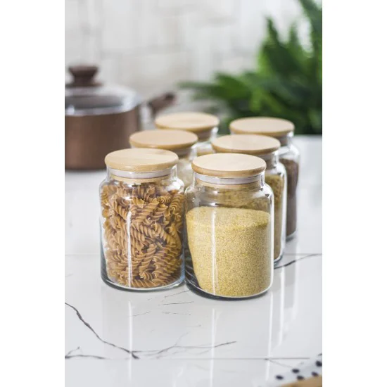 6 Lı Set Bambu Kapaklı Cam Kavanoz & Erzak Saklama Kabı 800ml - Vakumlu Bakliyat & Yiyecek Saklama