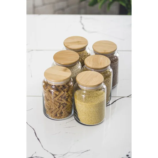 6 Lı Set Bambu Kapaklı Cam Kavanoz & Erzak Saklama Kabı 800ml - Vakumlu Bakliyat & Yiyecek Saklama