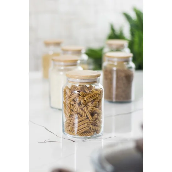 6 Lı Set Bambu Kapaklı Cam Kavanoz & Erzak Saklama Kabı 800ml - Vakumlu Bakliyat & Yiyecek Saklama