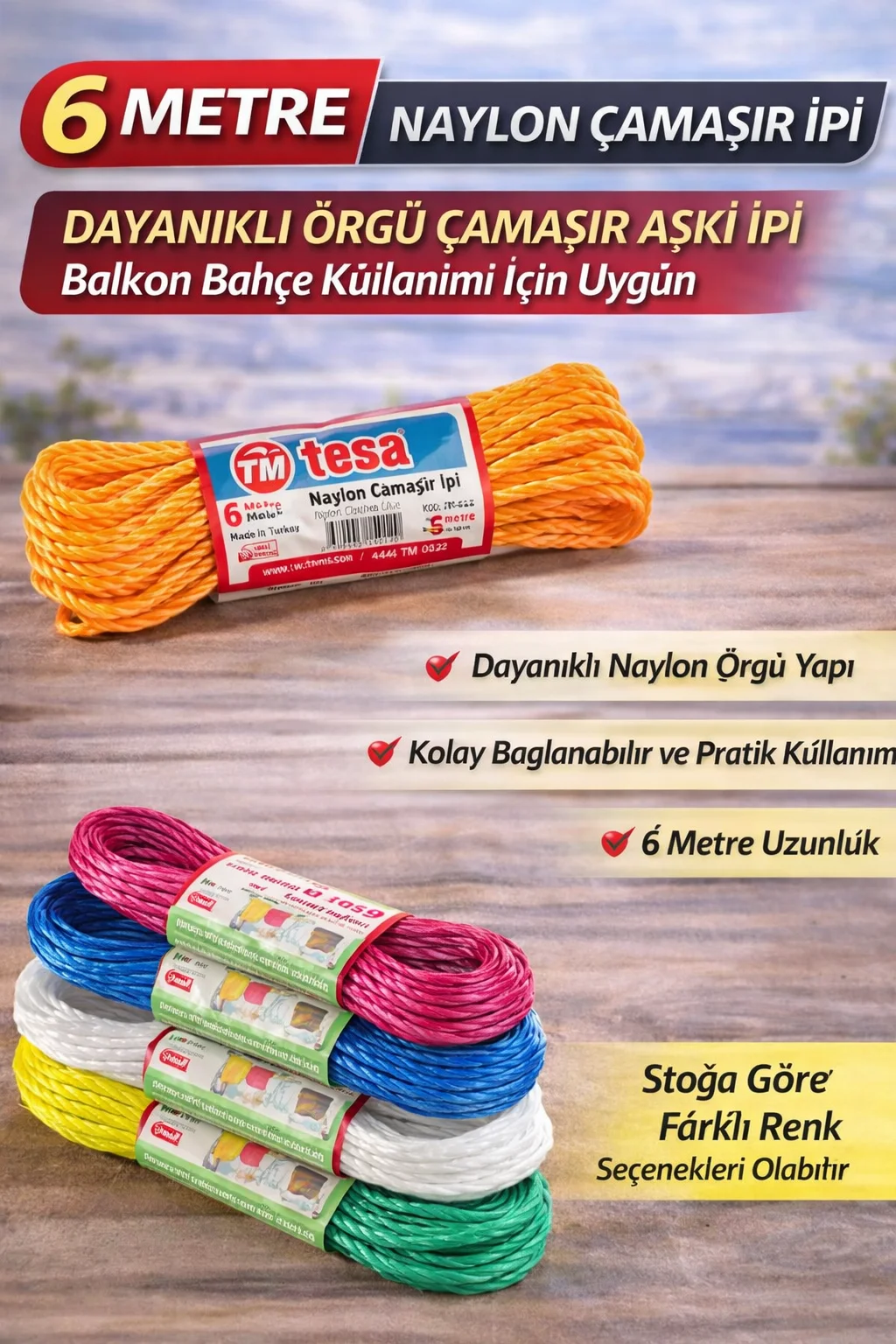 6 Metre Örgü Naylon Çamaşır İpi - Dayanıklı Balkon Bahçe Çamaşır Askı İpi