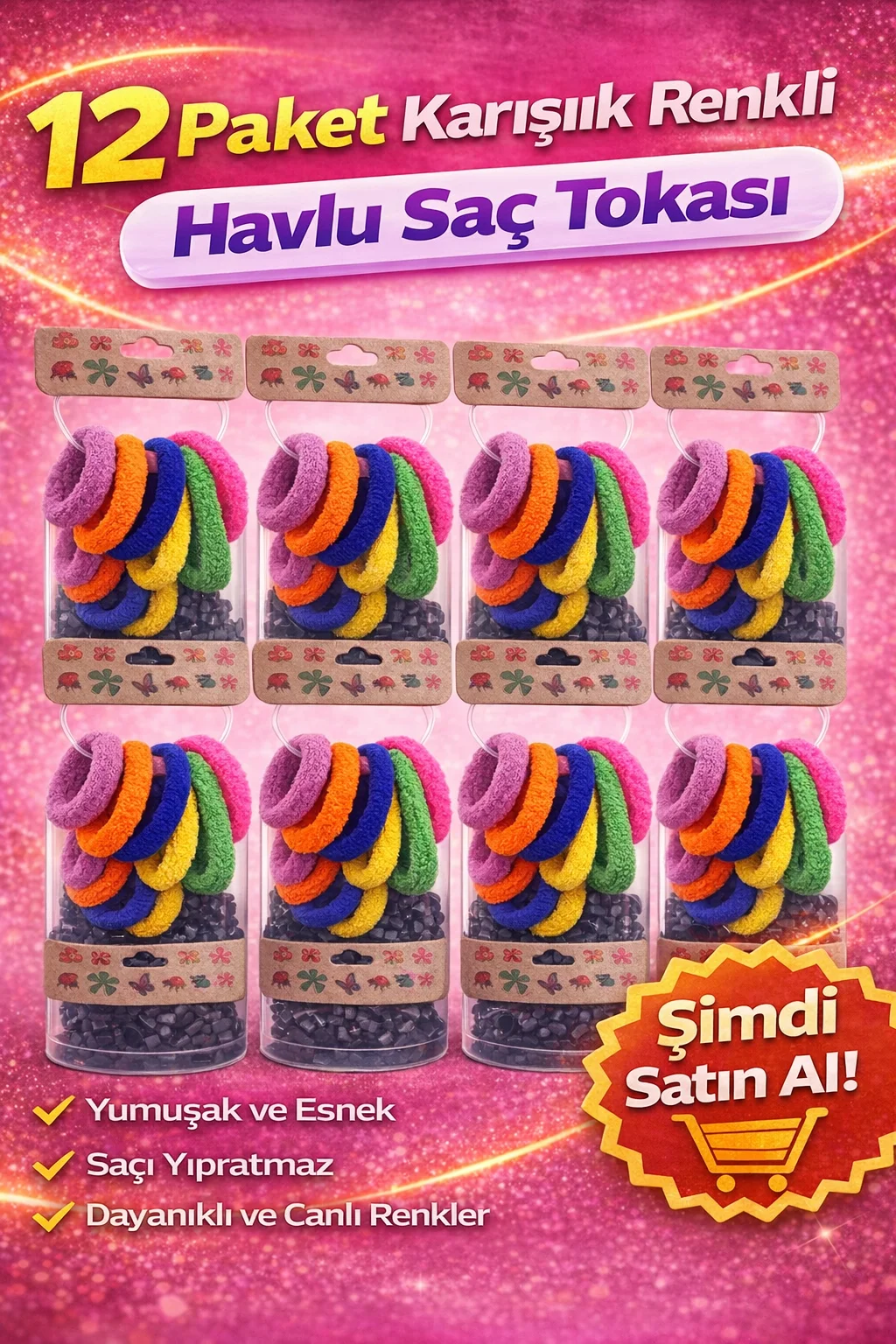 6'lı 12 Paket Karışık Renkli Havlu Saç Tokası - Yumuşak Elastik Dayanıklı Saç Aksesuarı Seti