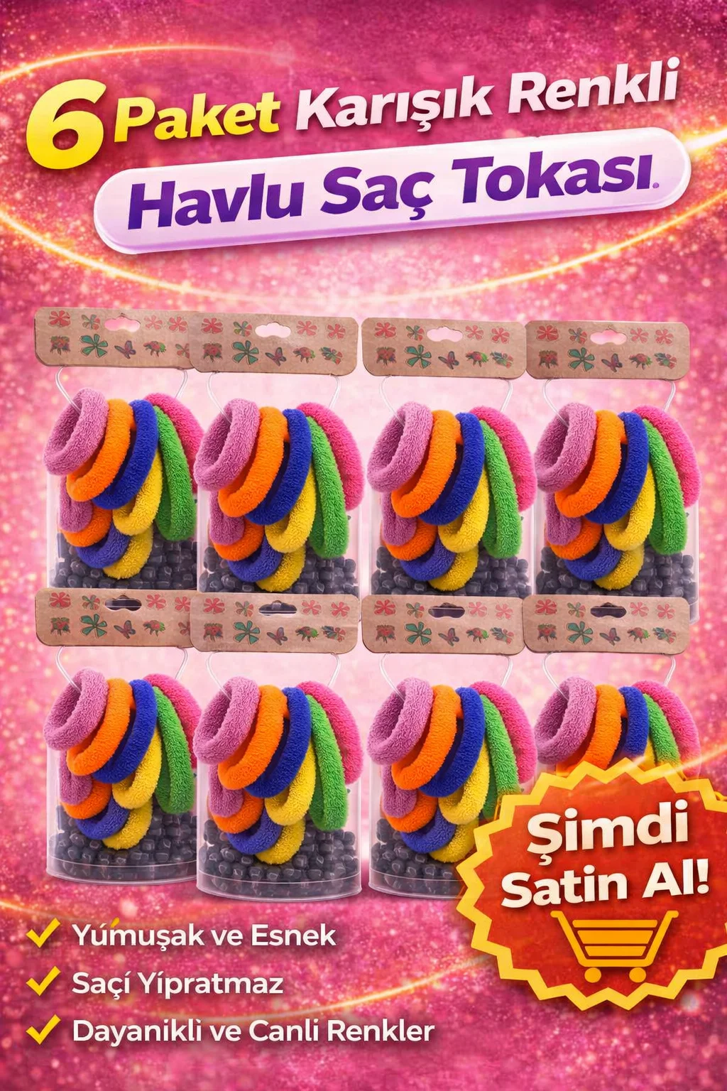 6'lı Havlu Saç Tokası Seti - Karışık Renk Yumuşak Elastik Lastik Toka