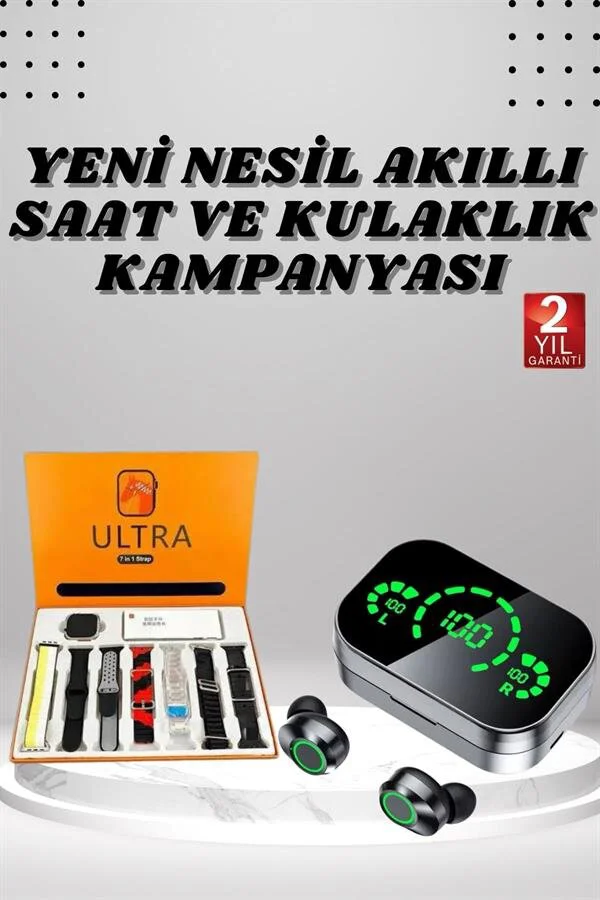 7 Kordonlu Akıllı Saat ve Aynalı Bluetooth Kulaklık Powerbank - Suya Dayanıklı Akıllı Saat ve ANC Kulaklık