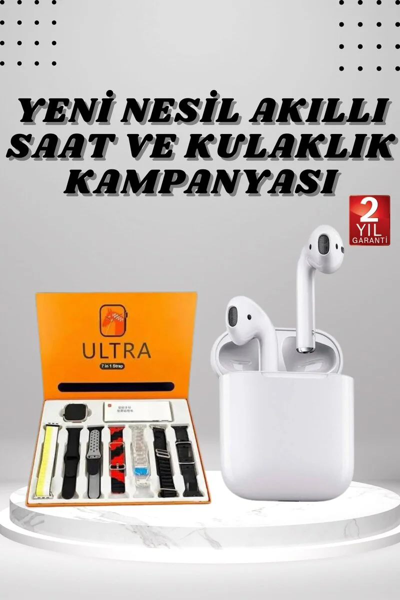 7 Kordonlu Akıllı Saat & 2. Nesil Kablosuz Kulaklık - Suya Dayanıklı, Uzun Pil Ömrü, Gürültü Engelleme