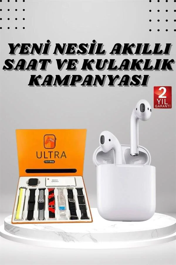 7 Kordonlu Akıllı Saat & 2. Nesil Kablosuz Kulaklık - Suya Dayanıklı ve Uzun Pil Ömrü