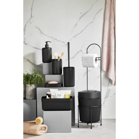 7 Parça Siyah Banyo Seti Metal Stantlı WC Kağıdı Kozmetik Kutusu ve Diş Fırçalık