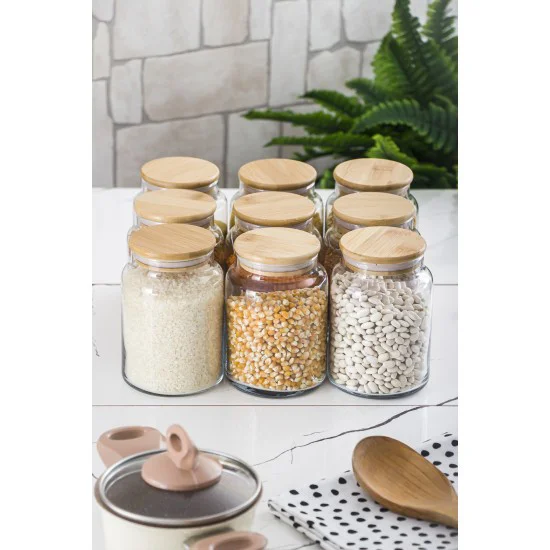 9 Lu Set Bambu Kapaklı Cam Kavanoz Erzak Saklama Kabı 800 ml Orta Boy (Vakum Kapak) - Hijyenik Bakliyat