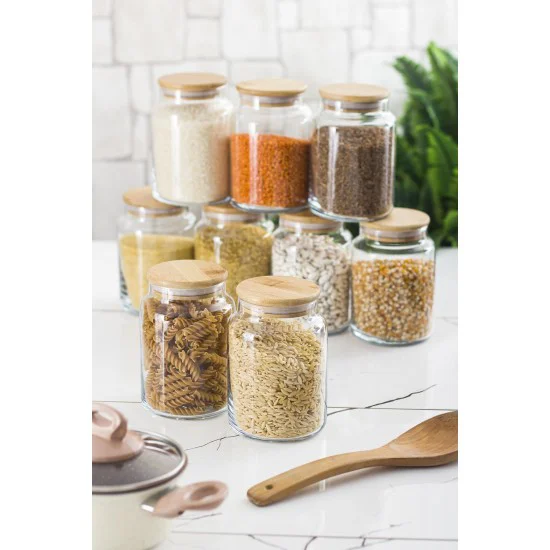 9 Lu Set Bambu Kapaklı Cam Kavanoz Erzak Saklama Kabı 800 ml Orta Boy (Vakum Kapak) - Hijyenik Bakliyat