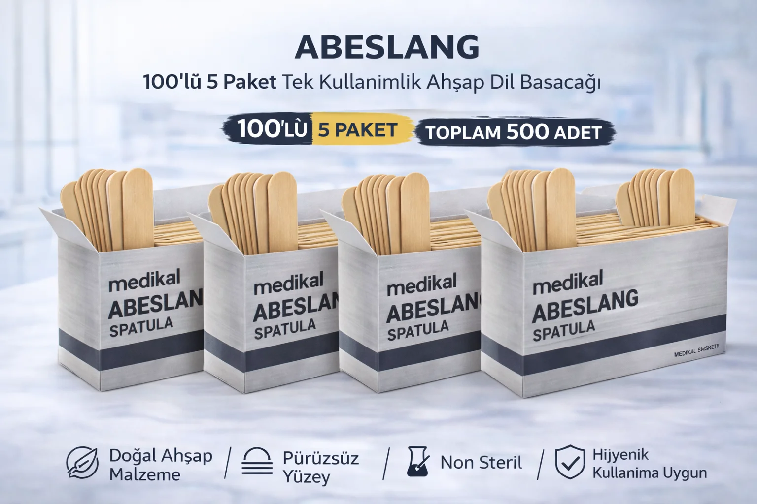 Ahşap Dil Basacağı Non Steril 500 Adet Medikal Spatula - Tek Kullanımlık 5 Paket