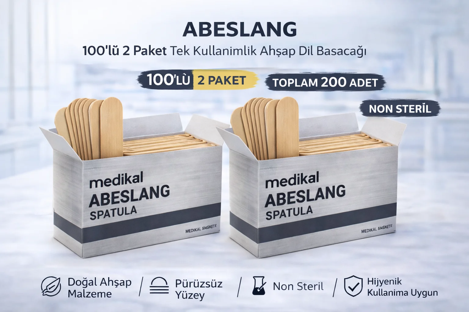 Ahşap Dil Basacağı (Non Steril) - Toplam 200 Adet Medikal Spatula - 2 Paket