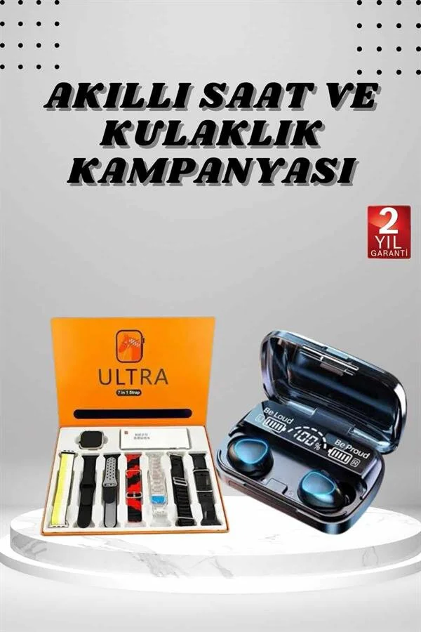 Akıllı Saat ve Bluetooth TWS Kulaklık Seti - Nabız Ölçer, Uzun Pil Ömrü, Su Geçirmez