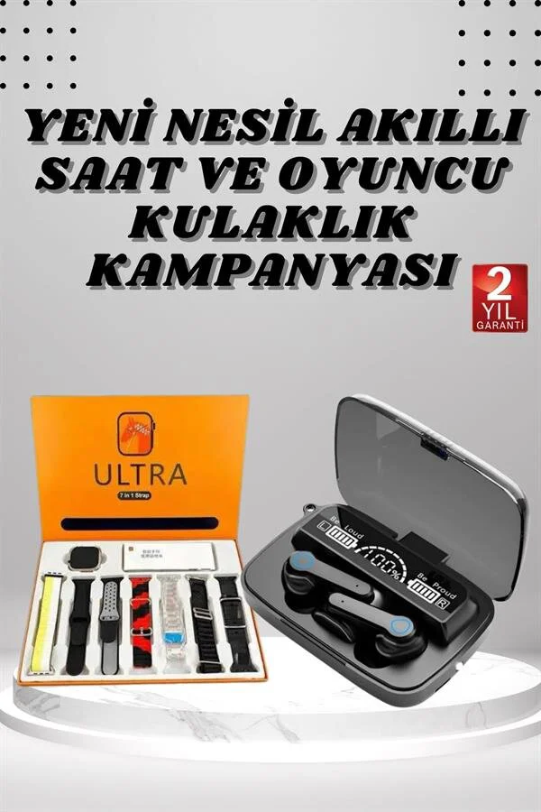 Akıllı Saat ve Powerbank Kulaklık Seti - 7 Kordonlu M19 Bluetooth Kulaklık ve 2.09 inç Ekranlı Akıllı Saat